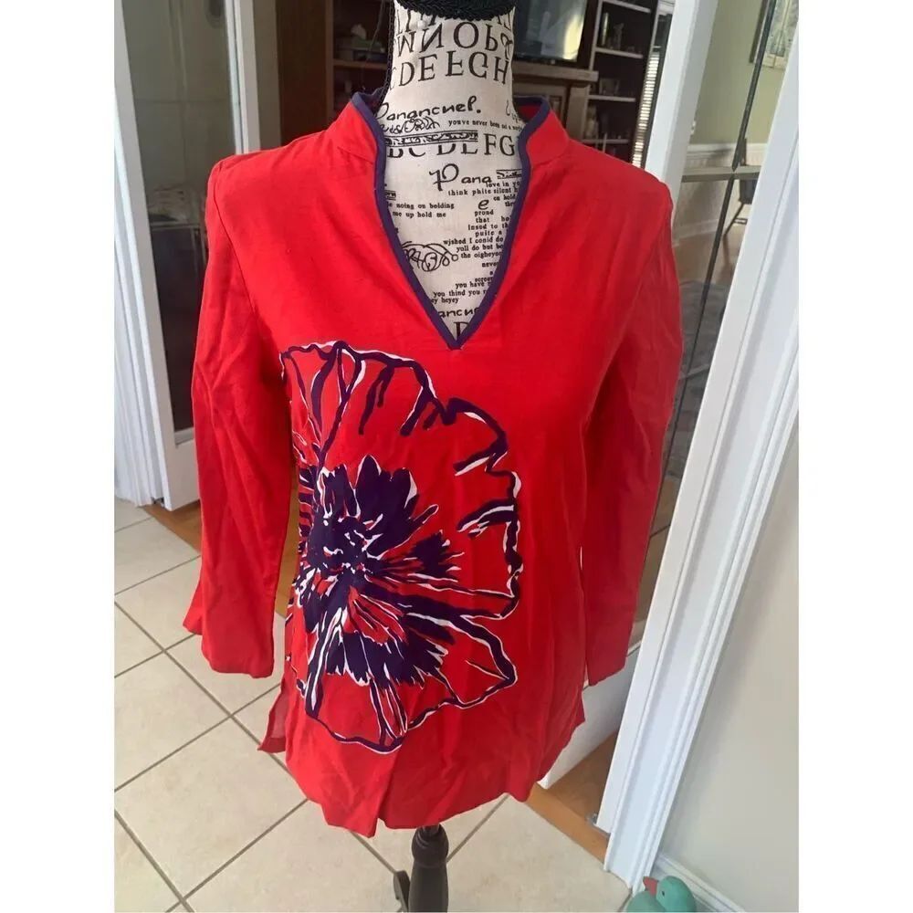Lilly Pulitzer Red and Navy Hibiscus Print Ciara Tunic